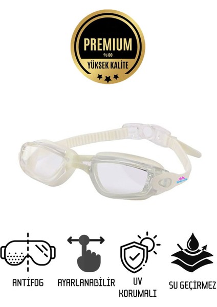Su Geçirmez ve Konforlu Yüzücü Gözlüğü, Silikon, Standart Beden, Beyaz