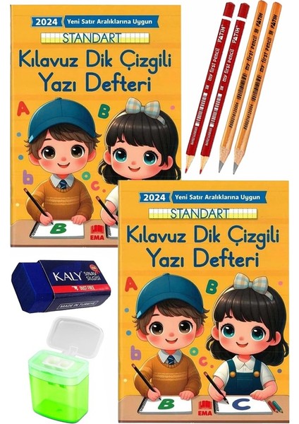 Kılavuz Dik Çizgili Güzel Yazı Defteri Orta Boy Fatih Kırmızı ve Siyah Jumbo Kurşun Kalem Sınav Silgisi Kalemtraş Defter