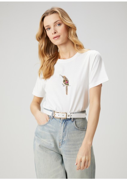 Kırık Beyaz Kuş Işlemeli T-Shirt