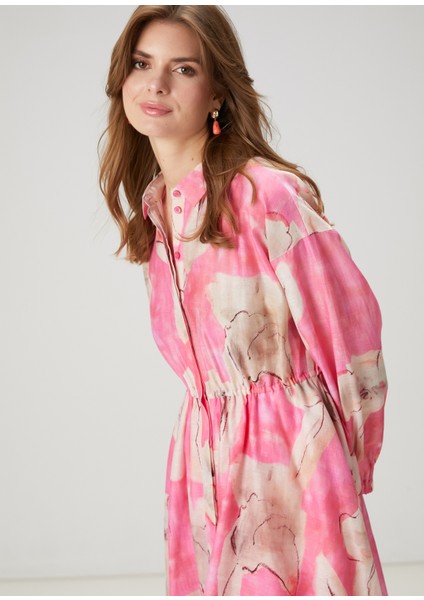 Pembe Çiçekli Midi Organza Elbise