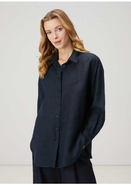 Oversize Lacivert Keten Gömlek