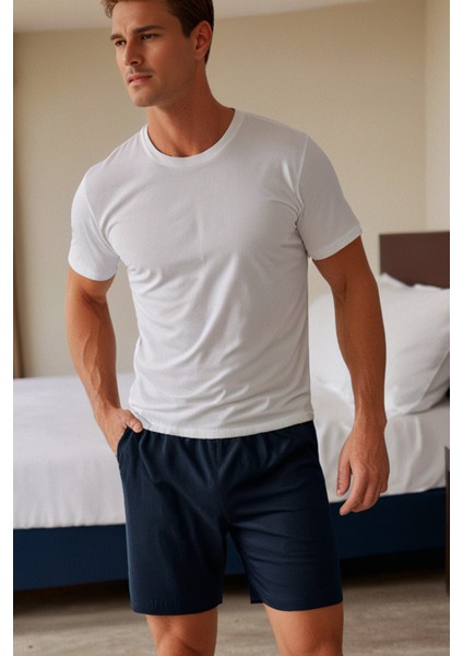 Pamuklu Erkek Pijama Altı Şort Lacivert Cepli Rahat Kalıp Relax Fit Lastikli Terletmez Esnek Likralı