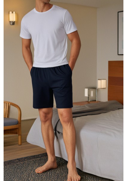 Pamuklu Erkek Pijama Altı Şort Lacivert Cepli Rahat Kalıp Relax Fit Lastikli Terletmez Esnek Likralı