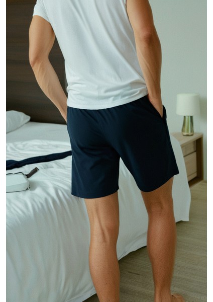 Pamuklu Erkek Pijama Altı Şort Lacivert Cepli Rahat Kalıp Relax Fit Lastikli Terletmez Esnek Likralı