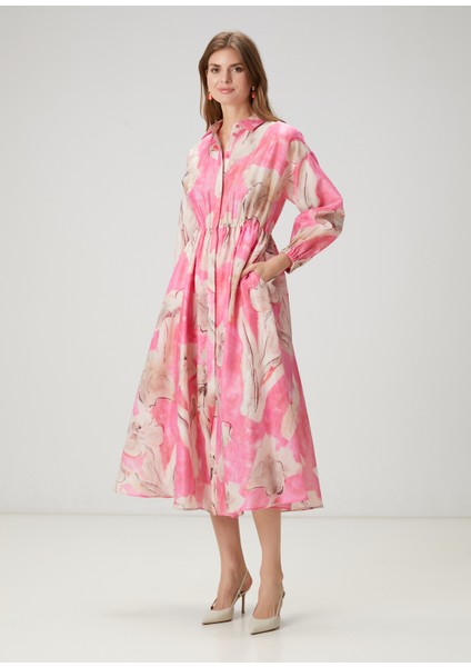 Pembe Çiçekli Midi Organza Elbise
