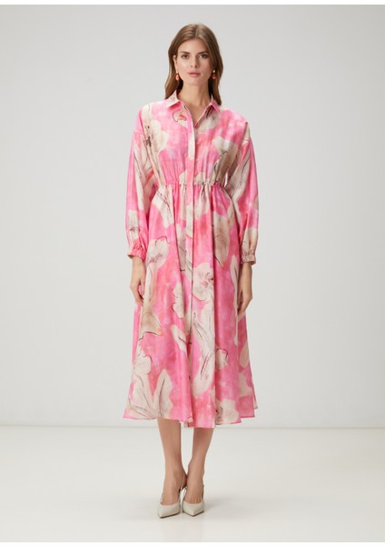 Pembe Çiçekli Midi Organza Elbise