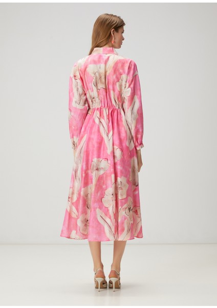Pembe Çiçekli Midi Organza Elbise