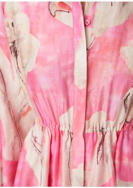 Pembe Çiçekli Midi Organza Elbise