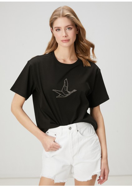 Siyah Taşlı Kaz Logolu T-Shirt