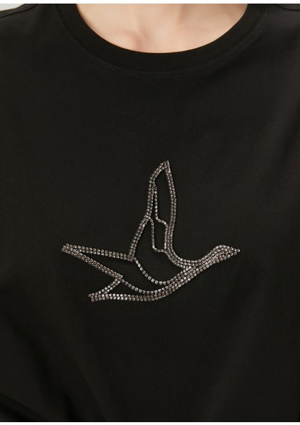 Siyah Taşlı Kaz Logolu T-Shirt