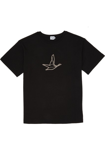 Siyah Taşlı Kaz Logolu T-Shirt
