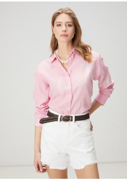 Pembe Nakışlı Keten Gömlek