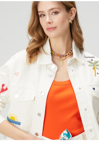 Kırık Beyaz Renkli Nakışlı Oversize Denim Ceket fiyatları