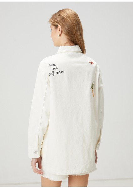 Kırık Beyaz Renkli Nakışlı Oversize Denim Ceket indirimleri