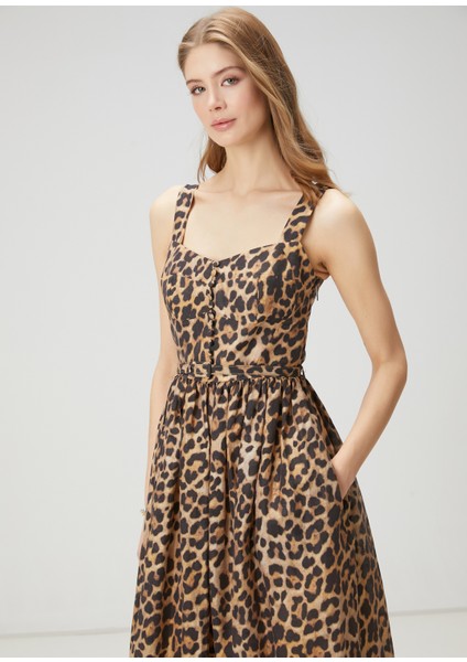 Kahverengi Leopar Desenli Midi Elbise