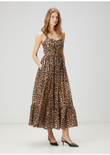Kahverengi Leopar Desenli Midi Elbise