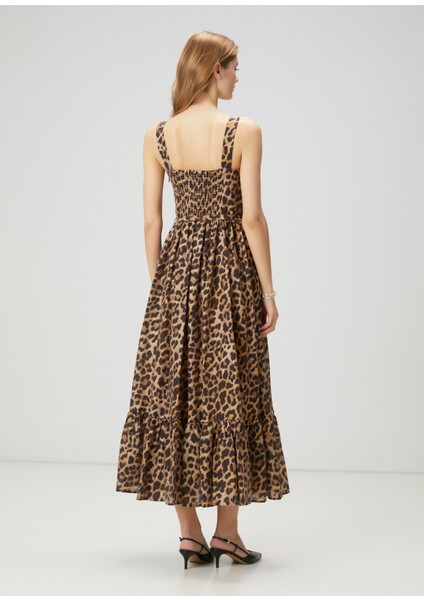 Kahverengi Leopar Desenli Midi Elbise
