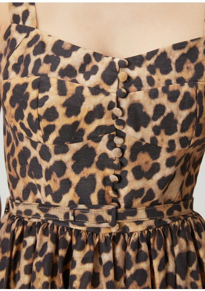 Kahverengi Leopar Desenli Midi Elbise