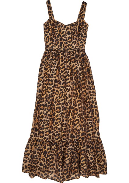 Kahverengi Leopar Desenli Midi Elbise