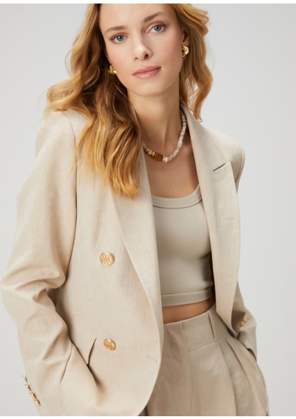 Bej Kruvaze Keten Blazer