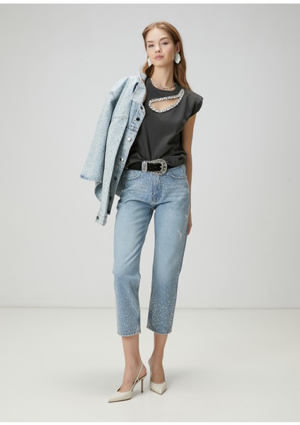 Mavi Taşlı Slouchy Jean Pantolon