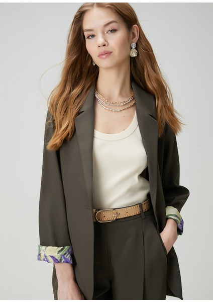 Haki Kol Ucu Palmiye Desenli Blazer