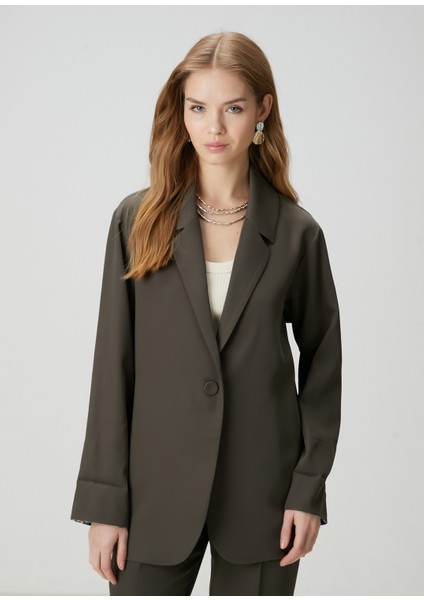 Haki Kol Ucu Palmiye Desenli Blazer