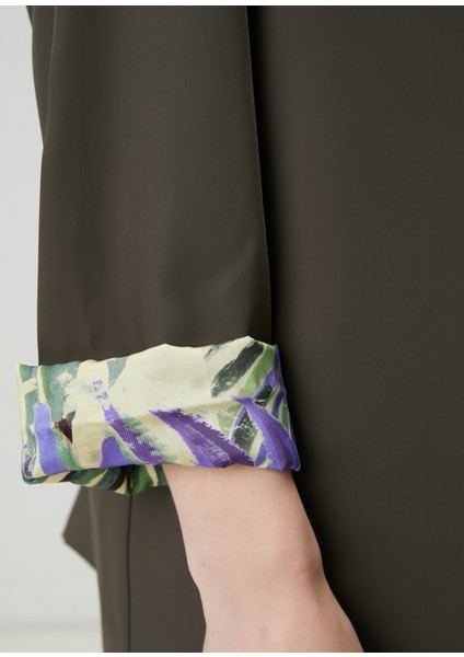 Haki Kol Ucu Palmiye Desenli Blazer