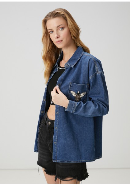 Mavi Işlemeli Denim Dış Gömlek