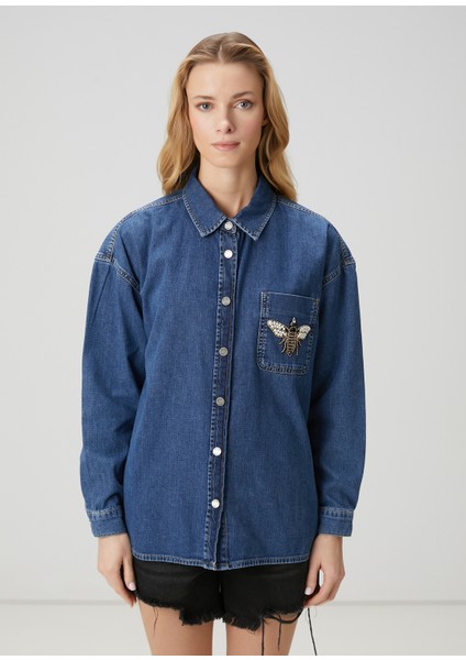 Mavi Işlemeli Denim Dış Gömlek