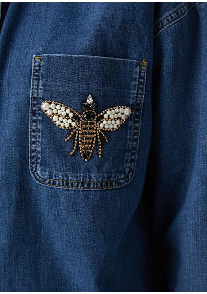 Mavi Işlemeli Denim Dış Gömlek