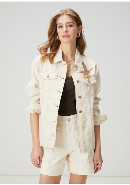 Ekru Işlemeli Denim Ceket