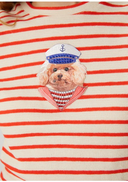 Ekru Çizgili Köpek Aplikeli T-Shirt