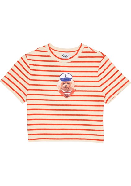 Ekru Çizgili Köpek Aplikeli T-Shirt