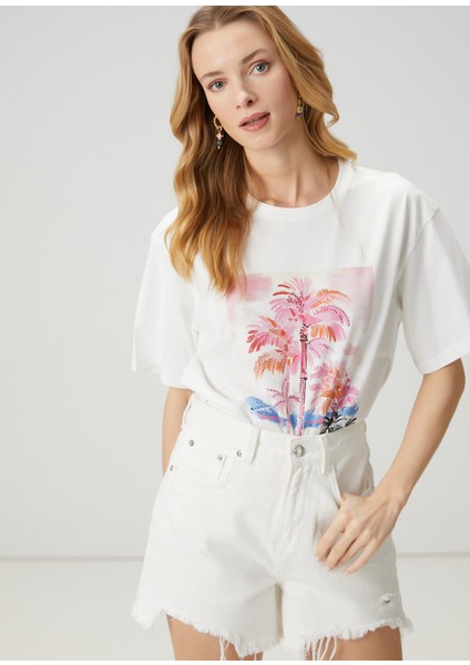 Beyaz Hotfix Baskılı T-Shirt
