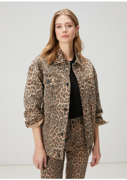 Leopar Desenli Denim Ceket