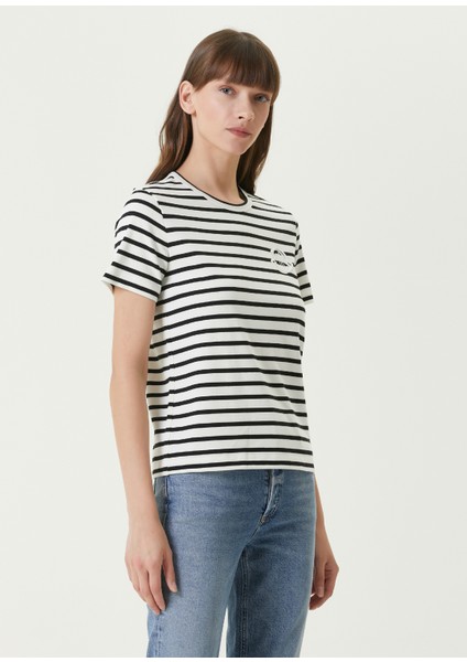 Lacivert Beyaz Bisiklet Yaka Çizgili T-Shirt