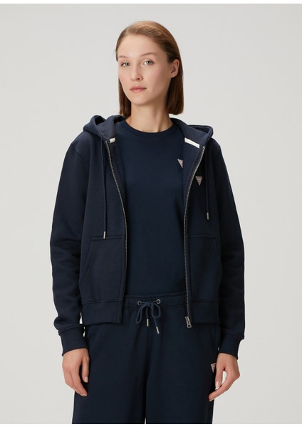 Lacivert Kapüşonlu Fermuarlı Sweatshirt