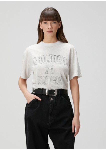 Beyaz Baskılı Keten T-Shirt