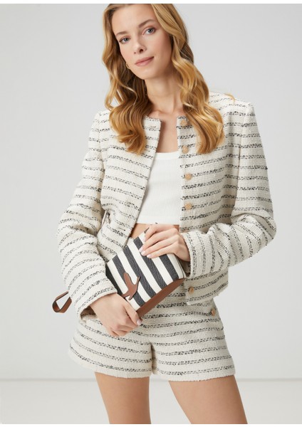Ekru Çizgili Tweed Şort