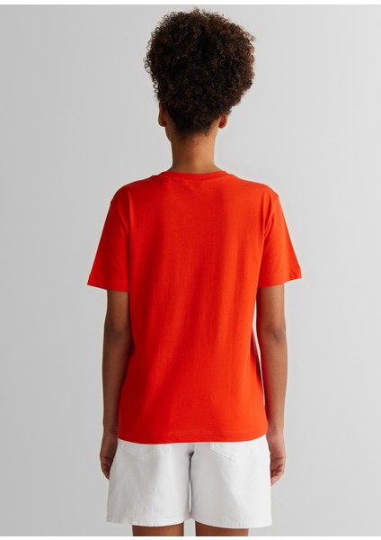 Logolu Turuncu Bisiklet Yaka Regular Fit Kısa Kollu Kadın T-Shirt