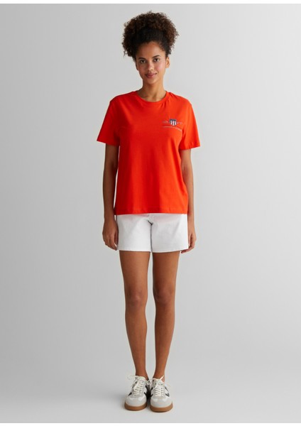 Logolu Turuncu Bisiklet Yaka Regular Fit Kısa Kollu Kadın T-Shirt