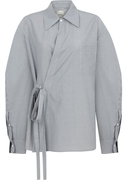 Gri Beyaz Çizgili Asimetrik Kesim Bağlamalı Uzun Kollu Unisex Gömlek