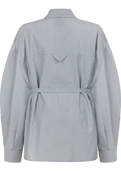Gri Beyaz Çizgili Asimetrik Kesim Bağlamalı Uzun Kollu Unisex Gömlek fiyatları