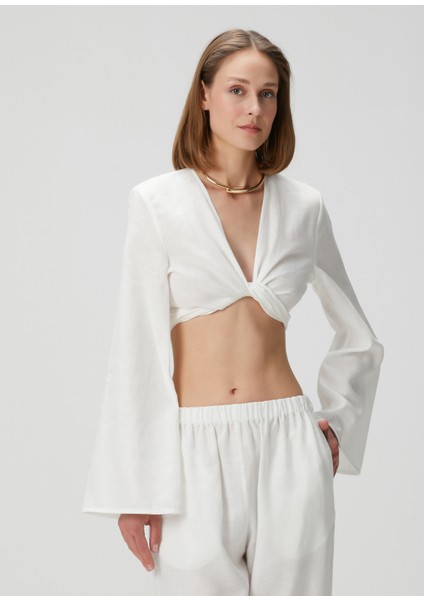 Sense Ekru Crop Keten Bluz
