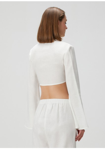 Sense Ekru Crop Keten Bluz