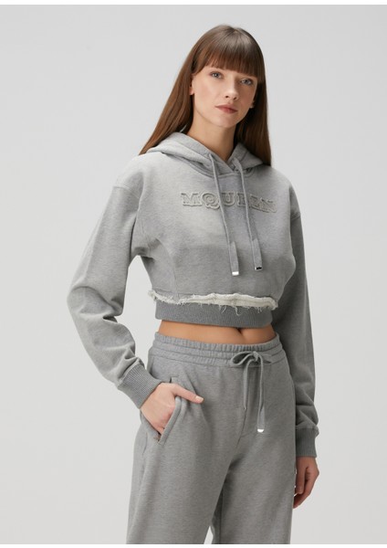 Gri Kapüşonlu Crop Sweatshirt