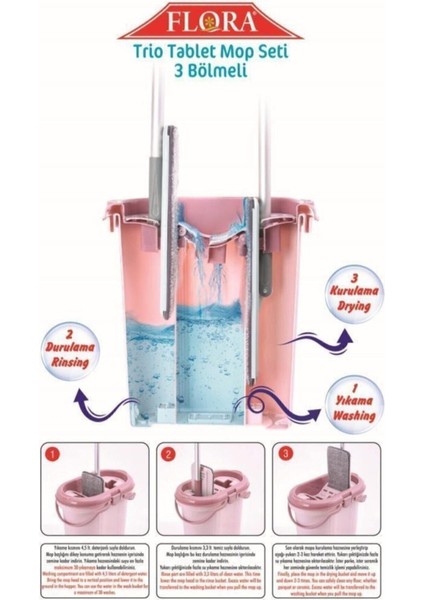 F404 Trio Tablet Mikrofiber Mop Seti, 3 Bölmeli, Temizlik Kolaylığı Sağlar fiyatları