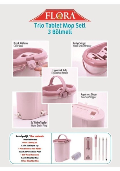 F404 Trio Tablet Mikrofiber Mop Seti, 3 Bölmeli, Temizlik Kolaylığı Sağlar modelleri