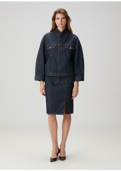 Lacivert Midi Denim Etek